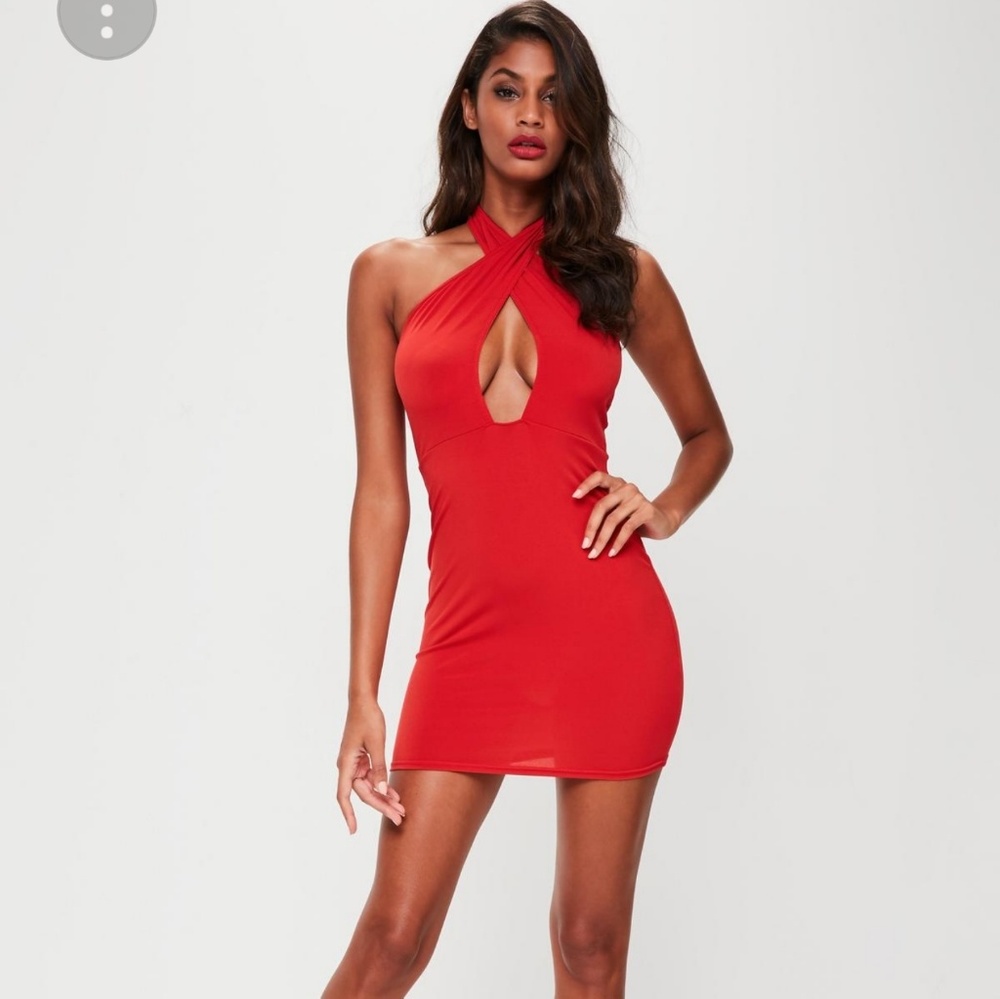 Red slinky cross neck halter dress bodycon
